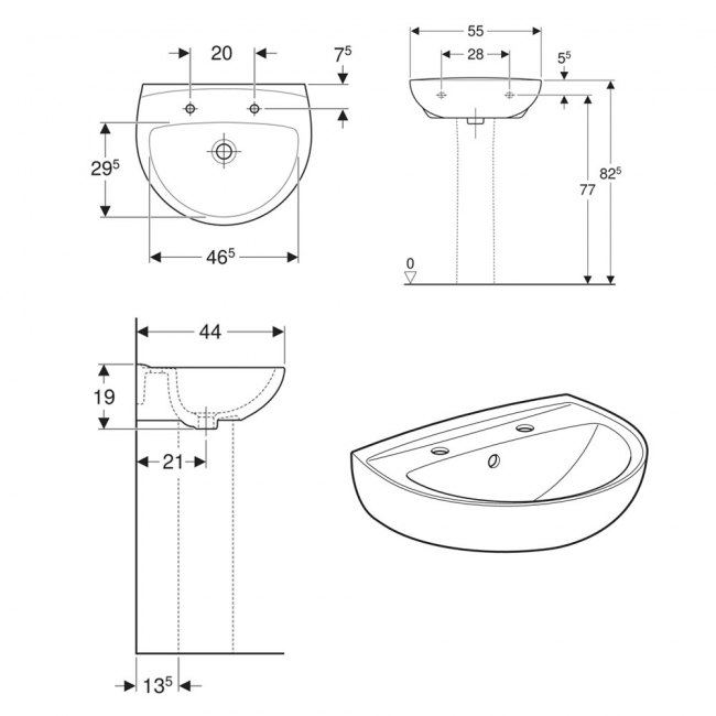 Twyford Option Basin with Full Pedestal 550mm W - 2 Tap Hole