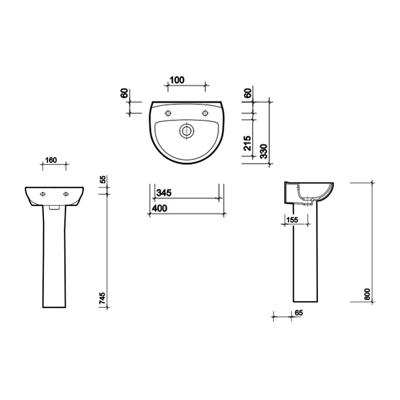 Twyford Option Basin with Full Pedestal 400mm W - 2 Tap Hole