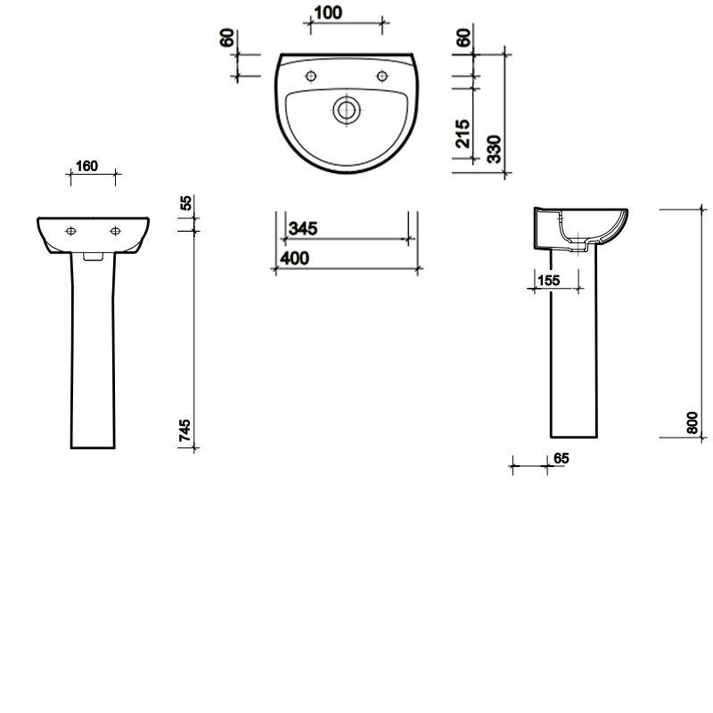 Twyford Option Full Pedestal Basin OT4812WH+OT4940WH mm TH