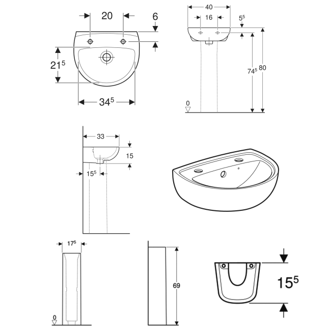 Twyford Option Handrinse Basin with Full Pedestal 400mm Wide 2 Tap Hole  | Dimension Image