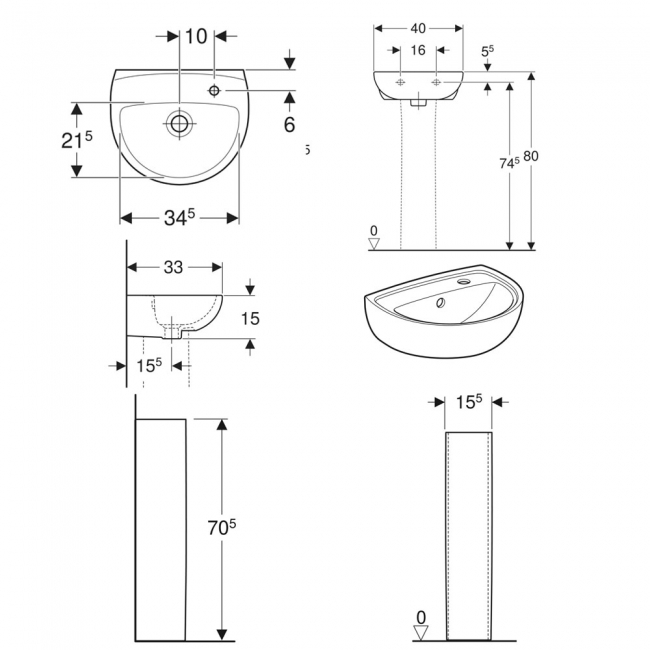 Twyford Option Basin with Full Pedestal 400mm W Right Handed - 1 Tap Hole