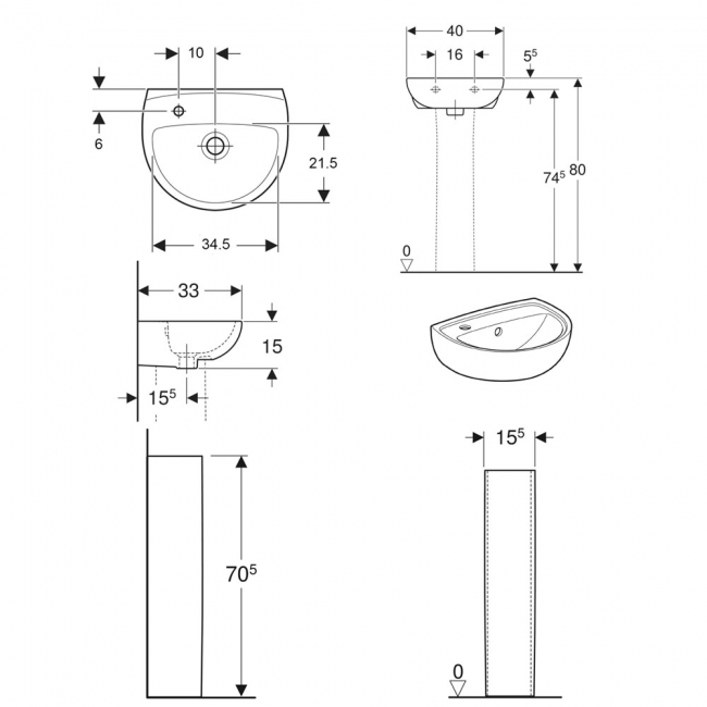 Twyford Option Basin with Full Pedestal 400mm W Left Handed - 1 Tap Hole