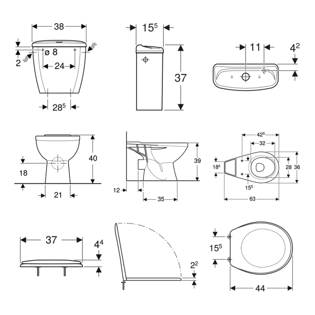 Twyford Option Close Coupled Toilet Push Button Cistern Pack - Standard Seat  | Dimension Image