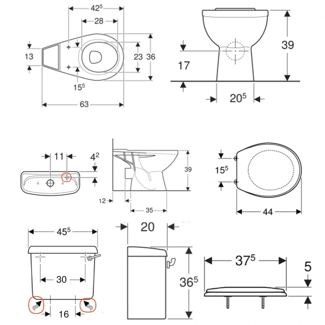 Twyford Option Close Coupled Toilet 6/4ltr Lever Cistern - Standard Seat Stainless Steel Hinge  | Dimension Image
