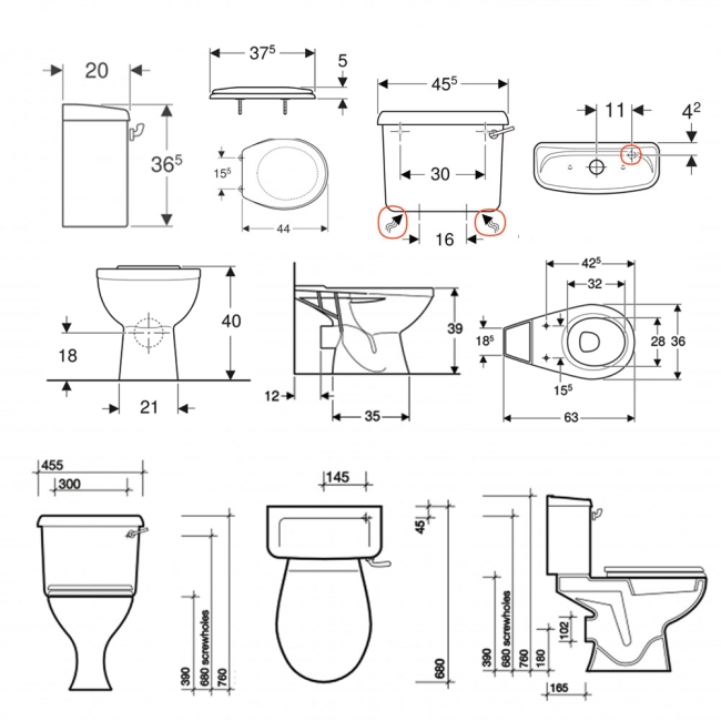 Twyford Option Close Coupled Toilet 6ltr Lever Cistern - Standard Seat Plastic Hinge  | Dimension Image