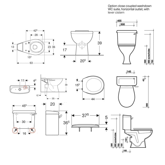 Twyford Option Close Coupled Toilet with Dual Flush Lever Cistern (inc Seat with Stainless Steel Hinges)  | Dimension Image