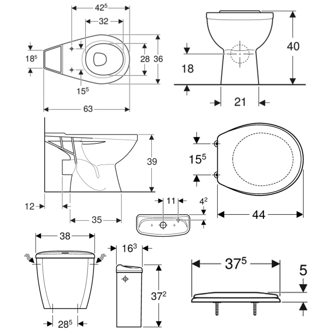Twyford Option Close Coupled Toilet 6/4ltr Push Button Cistern - Plastic Hinges Standard Seat  | Dimension Image