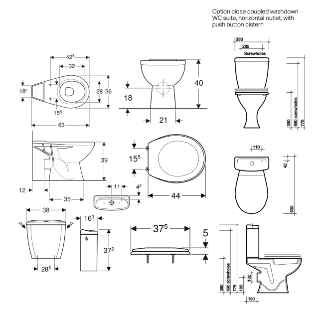 Twyford Option Close Coupled Toilet with Push Button Cistern (inc Seat with Stainless Steel Hinges)  | Dimension Image