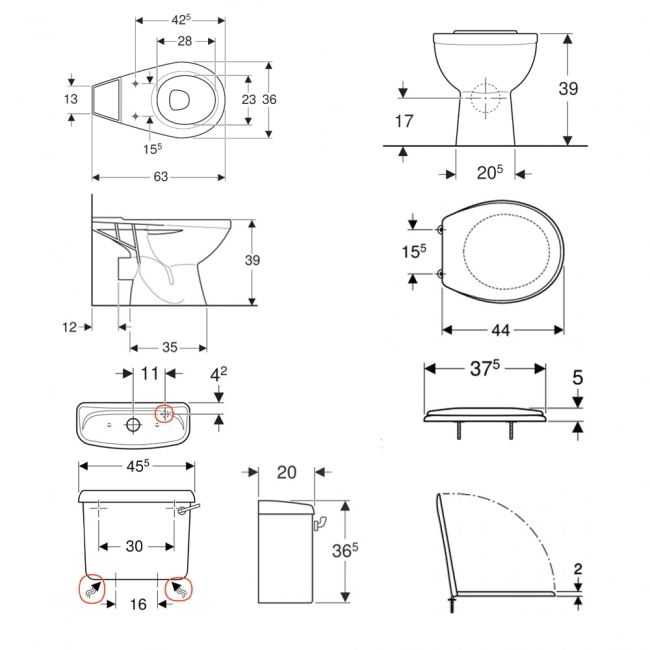 Twyford Option Close Coupled Toilet 6/4ltr Lever Cistern - Standard Seat  | Dimension Image