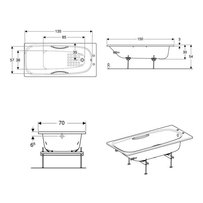 Twyford Shallow Single Ended Rectangular Antislip Bath with Grips 1500mm x 700mm 2 Tap Hole (inc Leg Set)  | Dimension Image