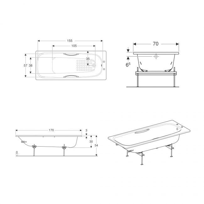 Twyford Shallow Single Ended Rectangular Antislip Bath with Grips 1700mm x 700mm 2 Tap Hole