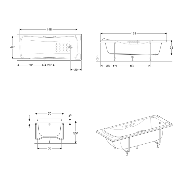 Twyford Signature Single Ended Rectangular Bath with Grips 1700mm x 700mm 0 Tap Hole (inc Leg Set)  | Dimension Image