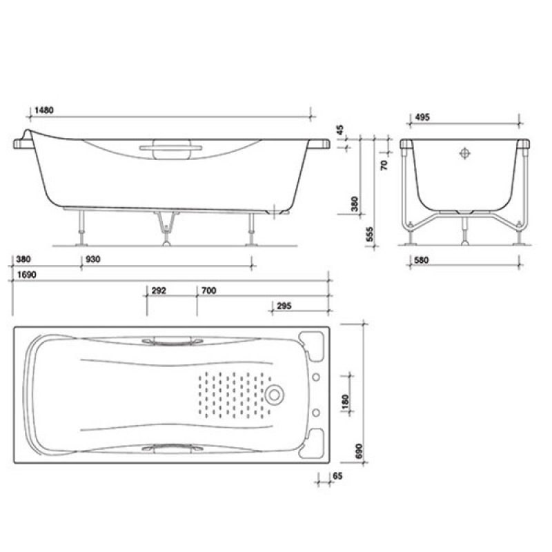 Twyford Signature Single Ended Rectangular Bath with Grips 1700mm x 700mm 0 Tap Hole