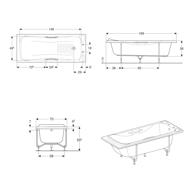 Twyford Signature Single Ended Rectangular Bath with Grips 1700mm x 700mm 2 Tap Hole (inc Leg Set)  | Dimension Image