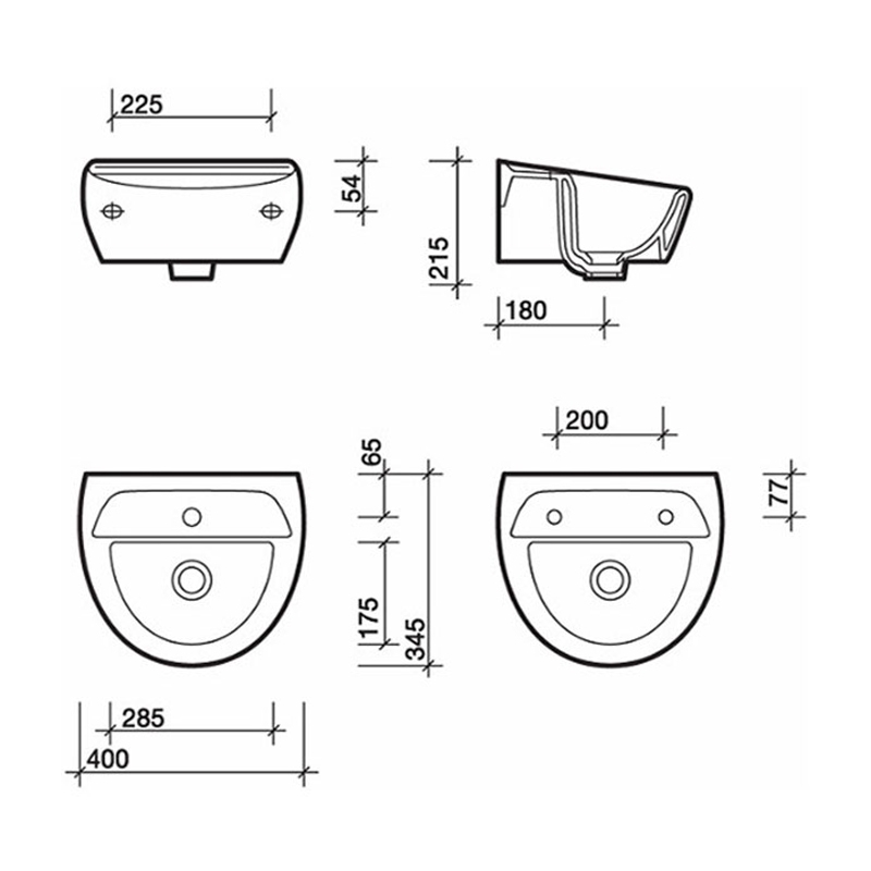 Twyford Sola Wall Hung Basin 400mm Wide 2 Tap Hole