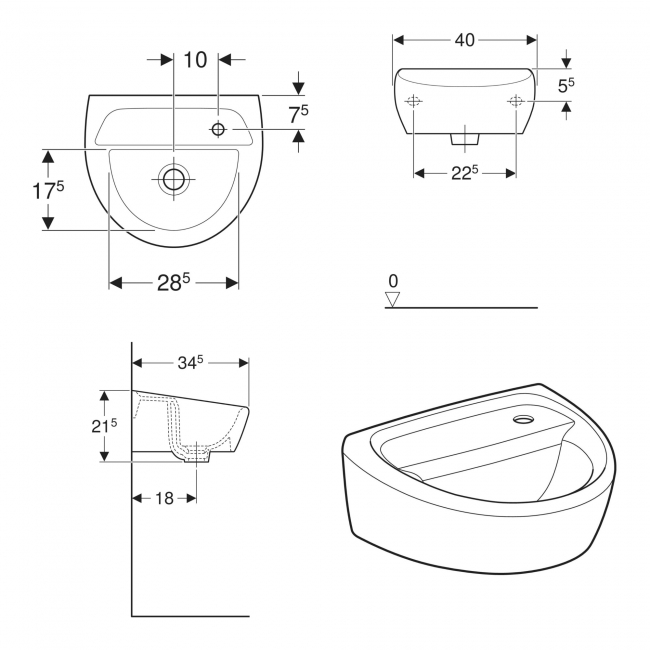 Twyford Sola Medical Right Handed Wall Hung Basin 400mm Wide - 1 Tap Hole