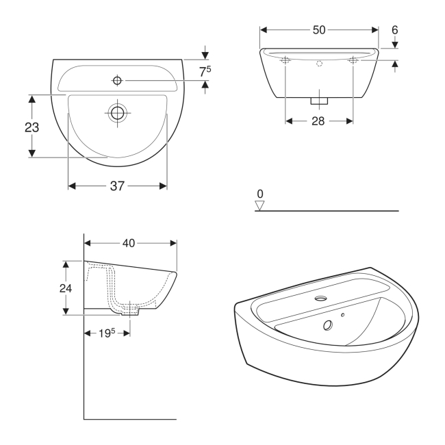 Twyford Sola Handrinse Wall Hung Basin 500mm Wide - 1 Tap Hole (With Chainstay)  | Dimension Image