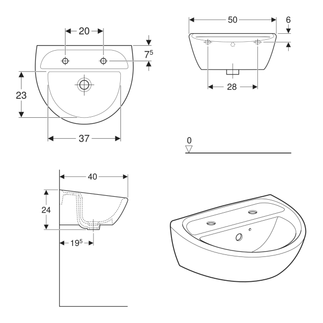 Twyford Sola Handrinse Wall Hung Basin 500mm Wide - 2 Tap Hole (With Chainstay)  | Dimension Image