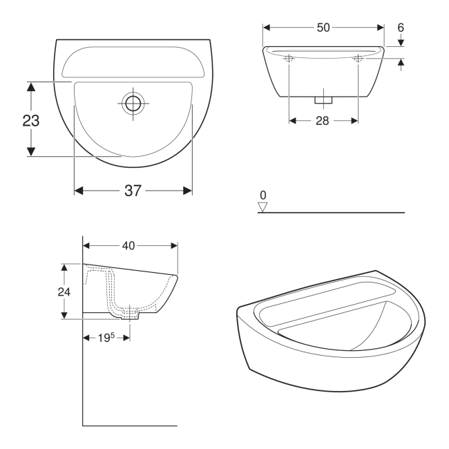 Twyford Sola Handrinse Wall Hung Basin 500mm Wide - 0 Tap Hole (Without Overflow)  | Dimension Image