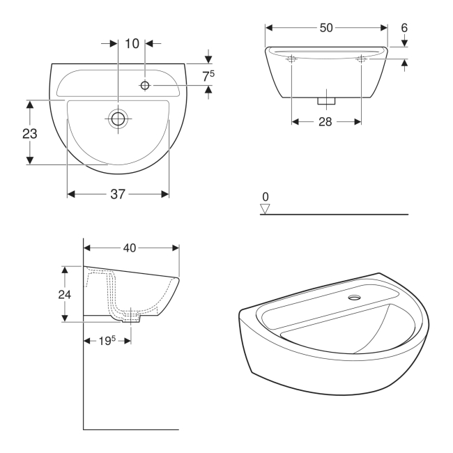 Twyford Sola Handrinse Wall Hung Basin 500mm Wide - 1 RH Tap Hole (Without Overflow)  | Dimension Image