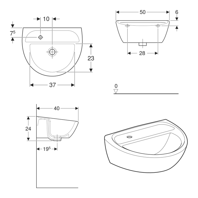 Twyford Sola Handrinse Wall Hung Basin 500mm Wide - 1 LH Tap Hole (Without Overflow)  | Dimension Image