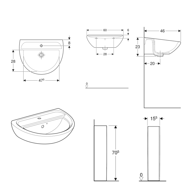 Twyford Sola Basin & Full Pedestal 600mm Wide 1 Tap Hole  | Dimension Image