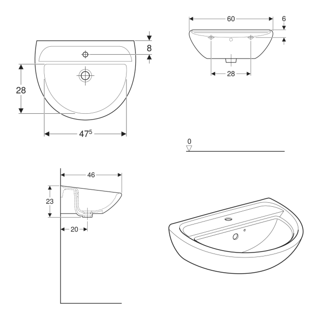 Twyford Sola Handrinse Wall Hung Basin 600mm Wide - 1 Tap Hole (With Chainstay)  | Dimension Image