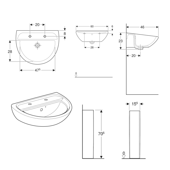 Twyford Sola Basin & Full Pedestal 600mm Wide 2 Tap Hole  | Dimension Image