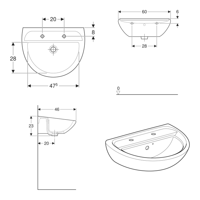 Twyford Sola Handrinse Wall Hung Basin 600mm Wide - 2 Tap Hole (With Chainstay)  | Dimension Image