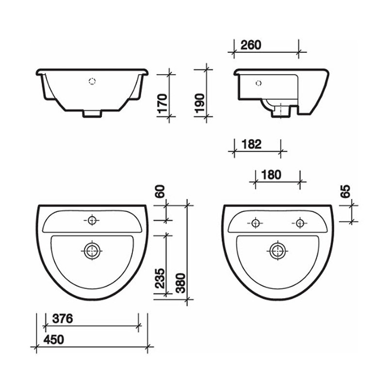 Twyford Sola Optimise Semi-recessed Basin 450mm Wide 2 Tap Hole