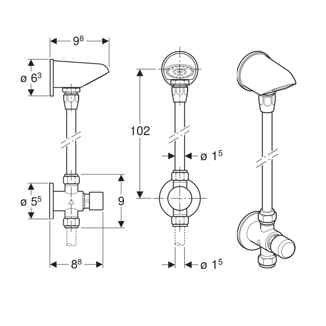Twyford Sola Non-Concussive Shower Valve with Anti Vandal Shower Head - Chrome  | Dimension Image