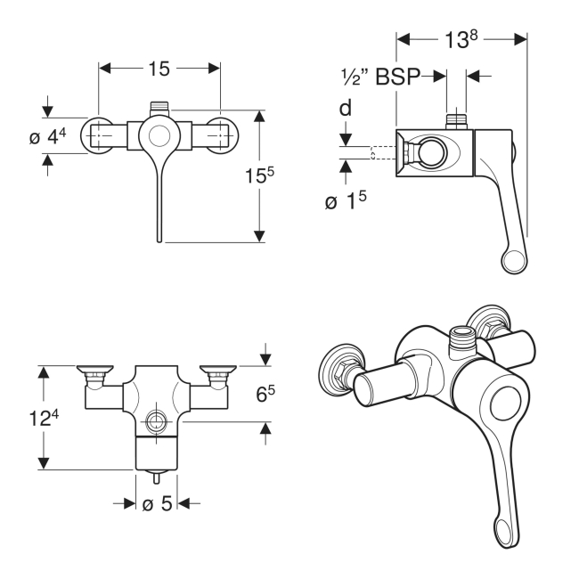 Twyford Sola Thermostatic Exposed Shower Valve with Top Outlet - Chrome  | Dimension Image