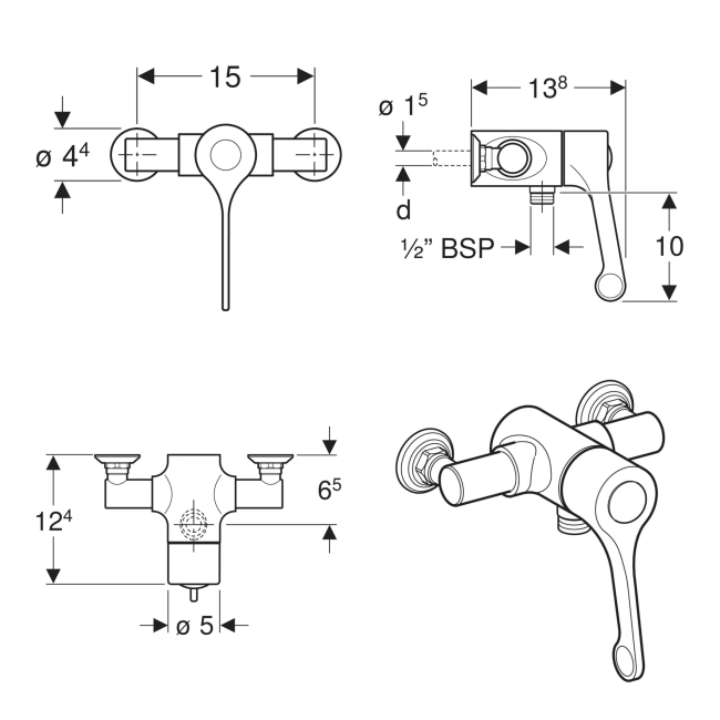 Twyford Sola Thermostatic Exposed Shower Valve Bottom Outlet - Chrome  | Dimension Image