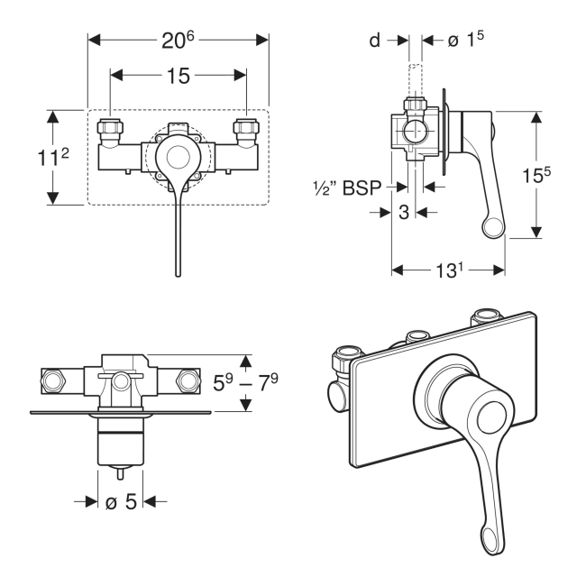 Twyford Thermostatic Concealed Shower Valve - Chrome  | Dimension Image