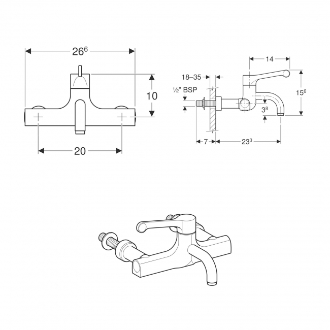Twyford Sola Thermostatic Wall Mounted Fixed Spout Surgeons Mixer Tap - Chrome
