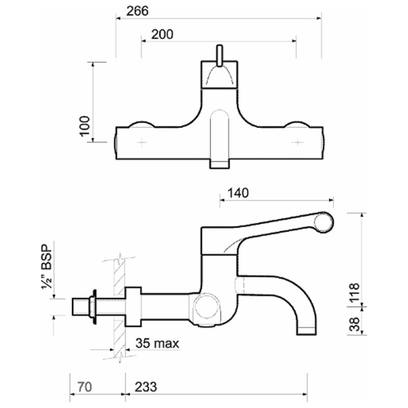 Twyford Sola Thermostatic Wall Mounted Detachable Spout Surgeons Mixer Tap - Chrome