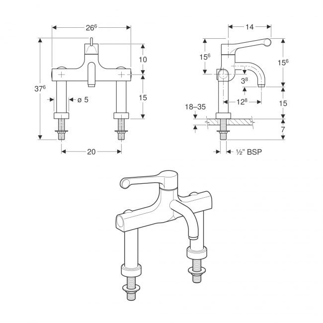 Twyford Sola Thermostatic Pillar Mounted Fixed Spout Surgeons Mixer Tap - Chrome