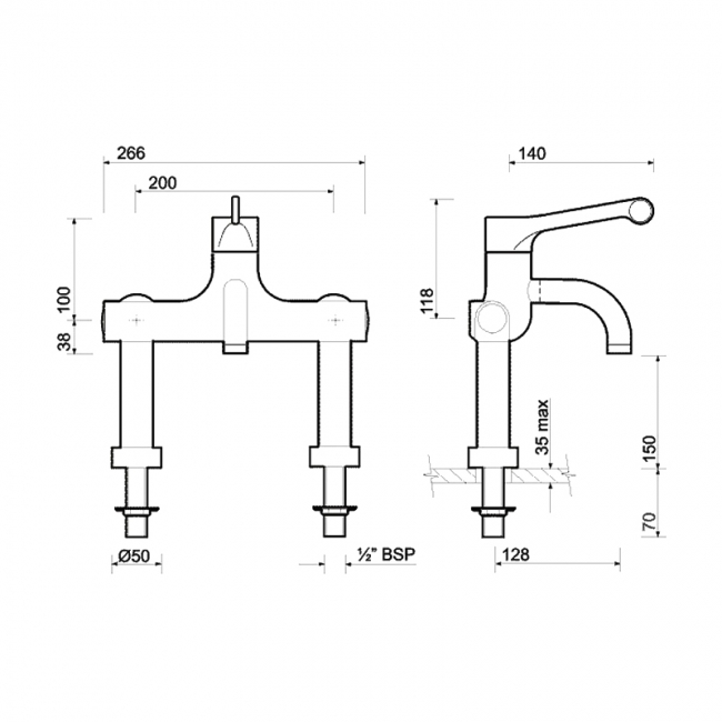 Twyford Sola Thermostatic Pillar Mounted Detachable Spout Surgeons Mixer Tap - Chrome