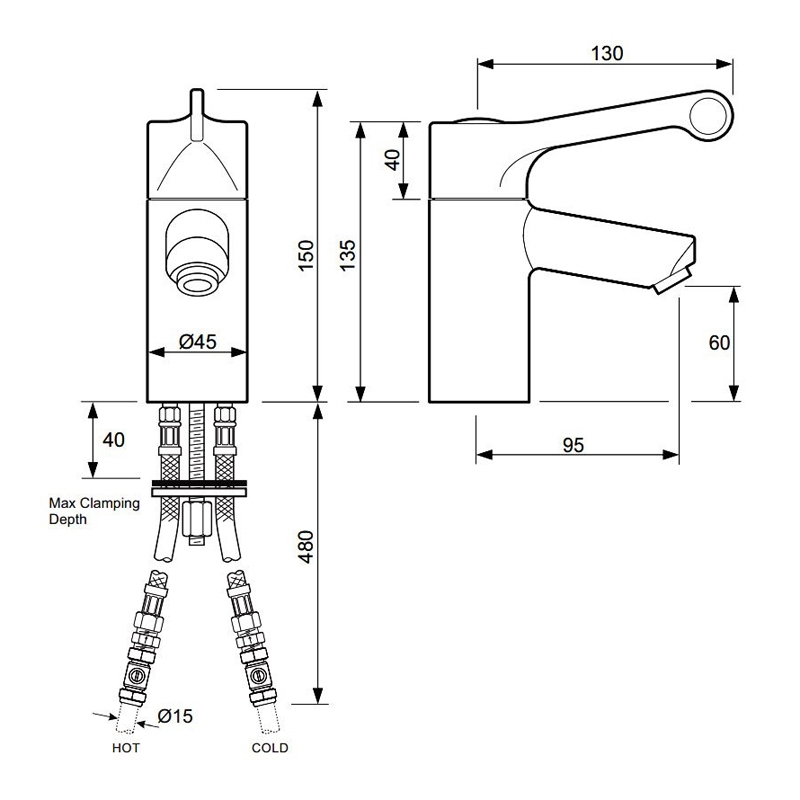 Twyford Sola Thermostatic Basin Mixer Tap with Fixed Spout and Flexible Tails - Chrome