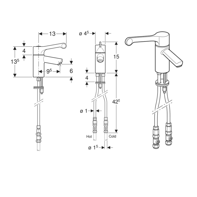 Twyford Sola Thermostatic Basin Mixer Tap with Extended Lever with Copper Inlet Pipes - Chrome  | Dimension Image
