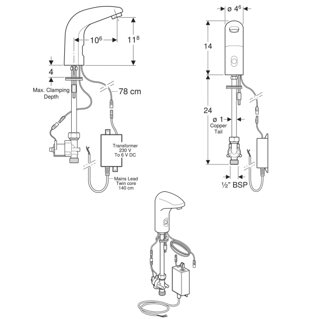 Twyford Sola Infrared Mains Operated Basin Mixer Tap - Chrome  | Dimension Image