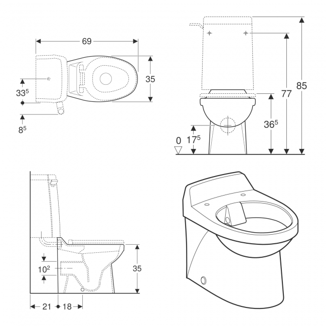 Twyford Sola School Rimless Back-To-Wall Pan 350mm W - Excluding Seat