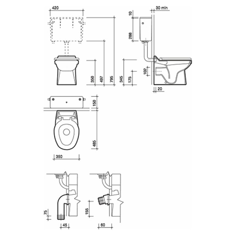 Twyford Sola School Rimless Back-To-Wall Pan 350mm W - Excluding Seat