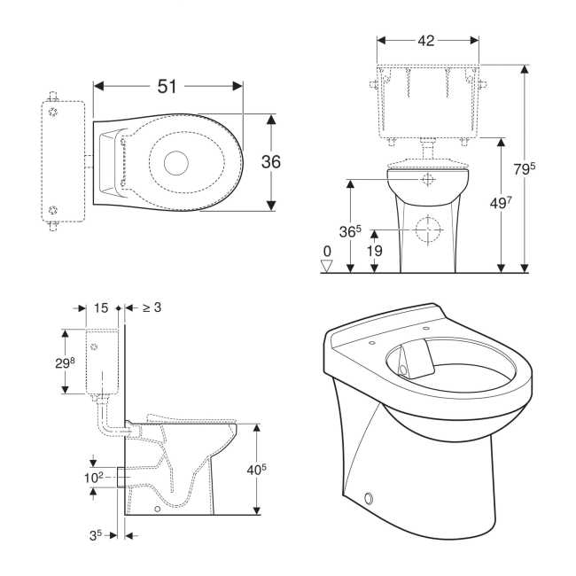 Twyford Sola Rimless Back-To-Wall Pan - Excluding Seat  | Dimension Image