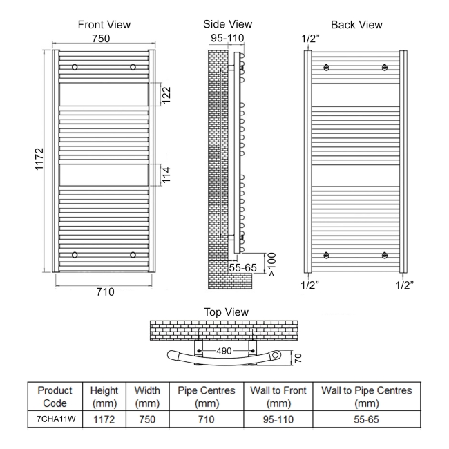 Ultraheat Chelmsford Curved Heated Towel Rail 1172mm H x 750mm W - White  | Dimension Image