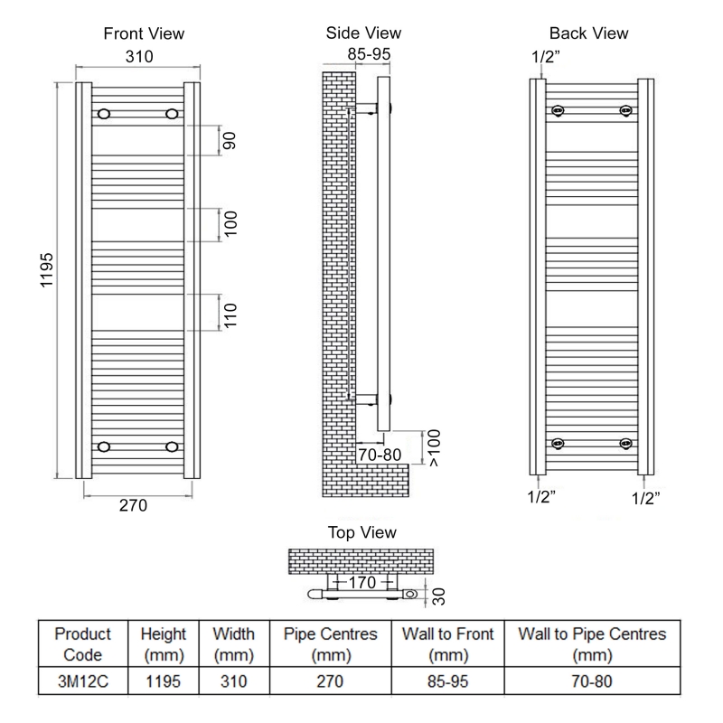 Ultraheat Chelmsford Straight Heated Towel Rail 1195mm H x 310mm W - Chrome  | Dimension Image