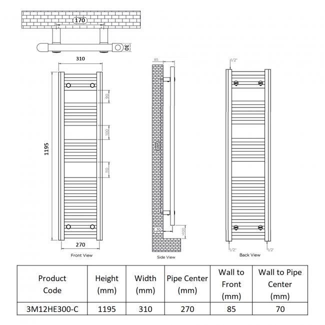 Ultraheat Chelmsford Electric Towel Rail 1195mm H x 310mm W - Chrome  | Dimension Image