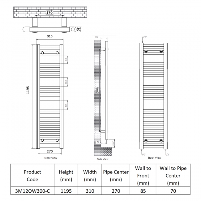 Ultraheat Chelmsford Thermostatic Electric Towel Rail 1195mm H x 310mm W - Chrome  | Dimension Image