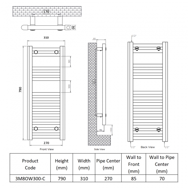 Ultraheat Chelmsford Thermostatic Electric Towel Rail 790mm H x 310mm W - Chrome  | Dimension Image
