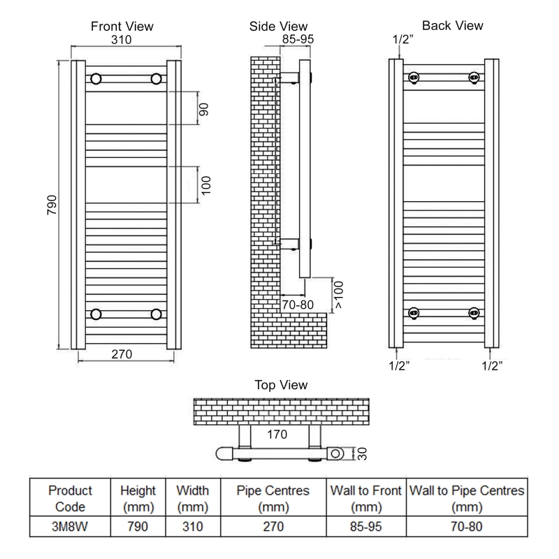 Ultraheat Chelmsford Straight Heated Towel Rail 790mm H x 310mm W - White  | Dimension Image